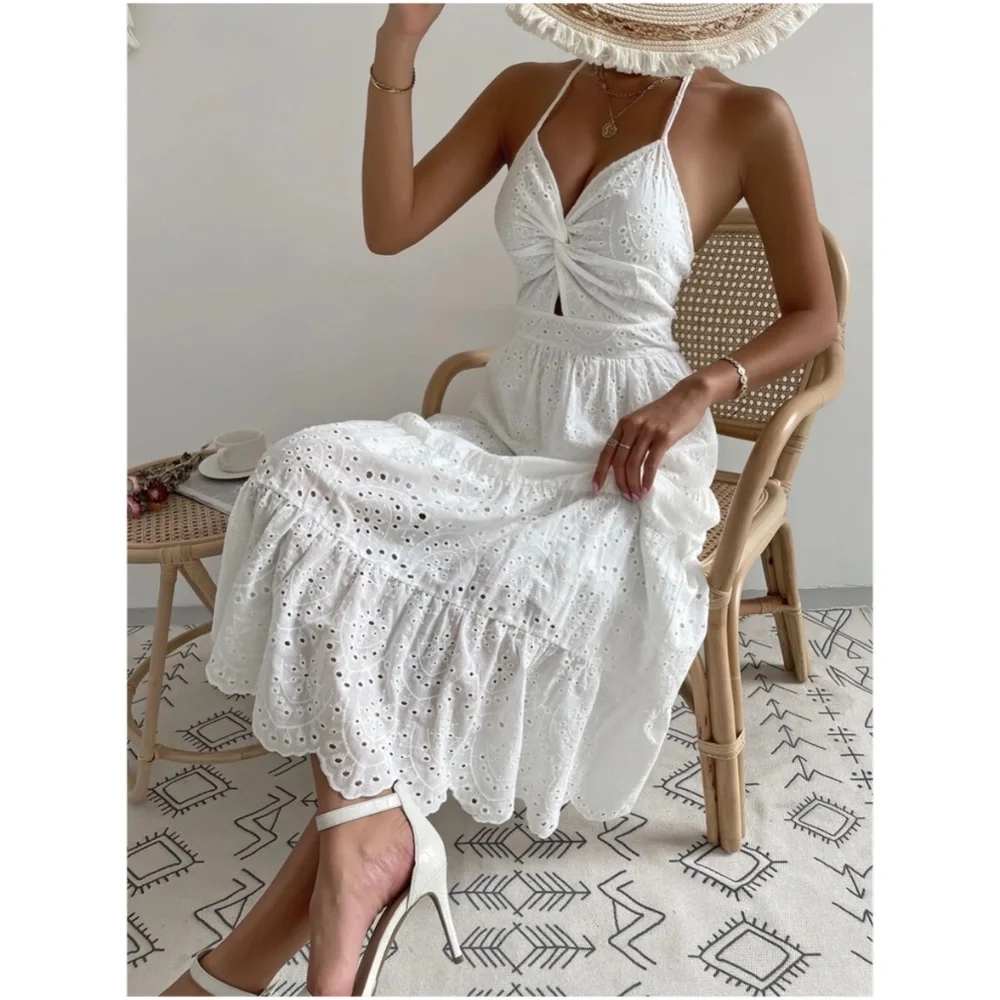 Boho White Floral Eyelet Halter Maxi Dress - Picture 1 of 3